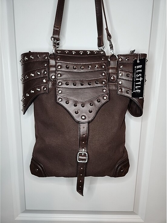 Restyle Handbags - Restyle Brown Studded Bag Armor Steampunk Goth Rocker Medieval Purse Bag NWT